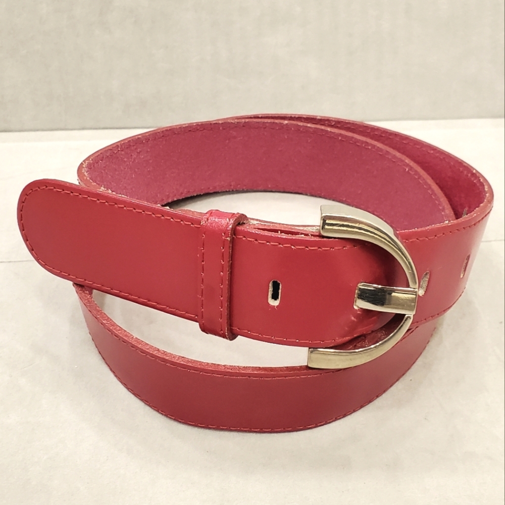 Express belt dark pinkish red leather half circle silver buckle Made in Italy